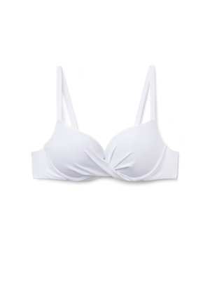 Bílá podložená podprsenka s tkaným detailem vpředu a nastavitelnými tenkými ramínky na jednobílém pozadí.