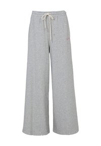 Grijze wijduitlopende sweatpants van zacht materiaal met een textuurafwerking, voorzien van een elastische tailleband en een contrast trekkoord.