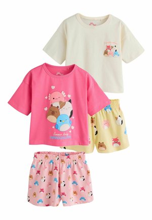 Dwa zestawy dziecięcych piżam z krótkimi rękawami i szortami, z uroczymi nadrukami postaci zwierząt w kolorach różowym, kremowym i żółtym.