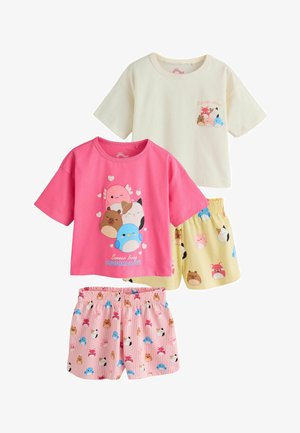 Zwei Sets Kinderpyjamas mit kurzen Ärmeln und Shorts, mit niedlichen Tiercharakter-Prints in Pink, Creme und Gelb.