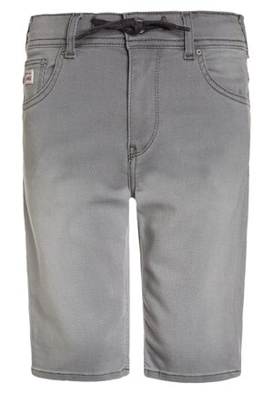 Szare szorty do kolan z przednimi kieszeniami i czarnym sznurkiem zawiązanym w pasie, wykonane z materiału przypominającego denim.