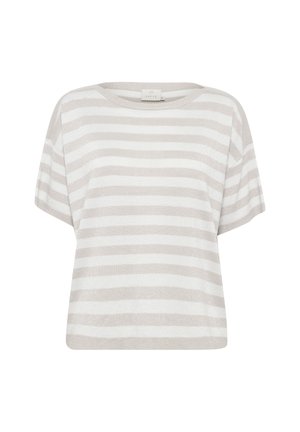 Heledad hallhallja ja valgete triipudega lühikeste varrukatega topp, millel on lahtine lõige ja ümmargune kaelus. Kanga tekstuuril on kerge sära.