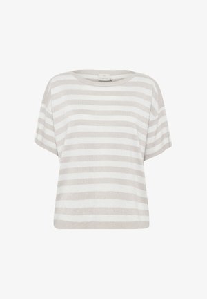 Šviesiai pilka ir balta juostelėta trumpomis rankovėmis palaidinė, laisvo kirpimo su apvaliu iškirpimu. Audinys turi subtilų blizgesio tekstūrą.