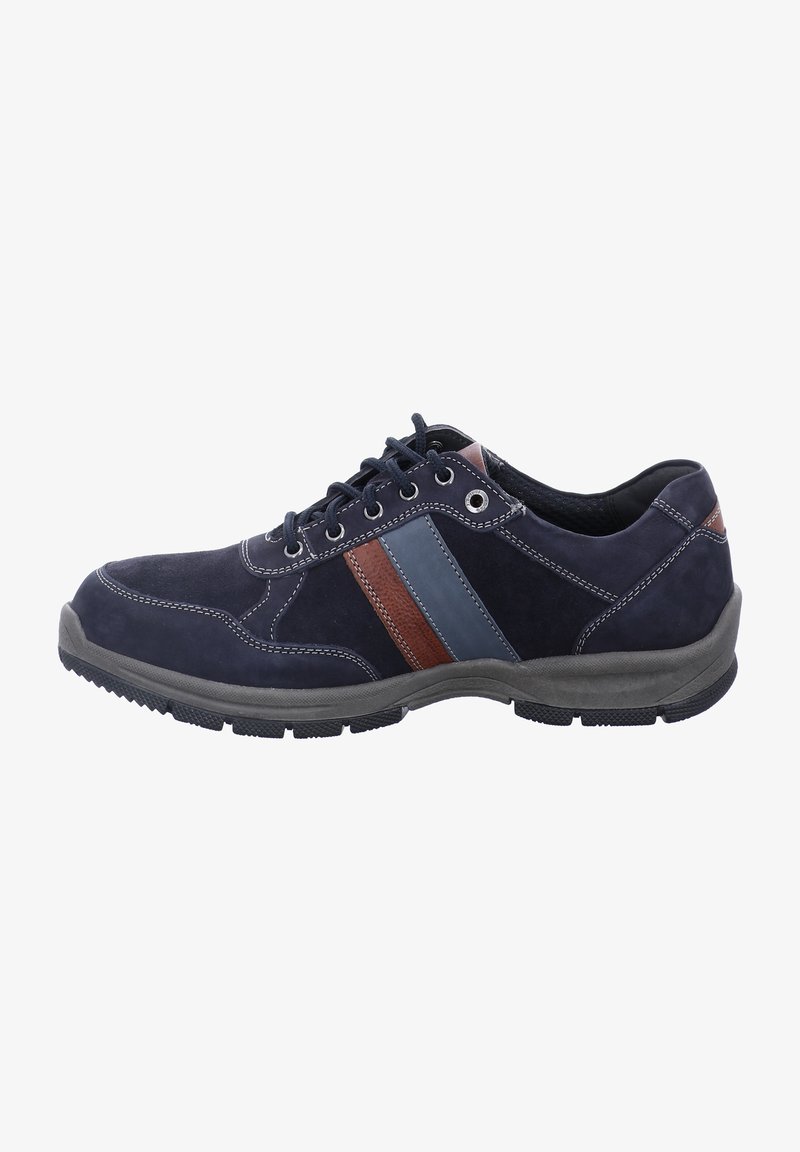 Navy suede sneaker with grey and brown stripes, round toe, and rubber sole. Features contrasting stitching and lace-up design.
