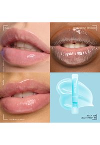 Glossy lips on diverse skin tones shown in three close-ups, alongside a blue NYX Jelly Job lip gloss tube on a light blue background.