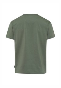 T-shirt verde oliva a maniche corte realizzato in morbido tessuto. Presenta un collo rotondo e un orlo dritto con dettagli minimi.