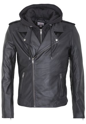 Zwarte leren jack met een afneembare zwarte hoodie. Beschikt over een asymmetrische ritssluiting, zilveren hardware en ritszakken aan de zijkanten.