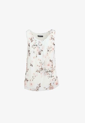 Blomstrete ermeløs topp i lett hvit stoff, med myke rosa og beige blomster samt grønne blader, glatt tekstur og rund halslinning.