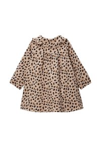 Robe à imprimé léopard beige, avec des manches longues, un col volanté, et des manches légères avec une taille froncée et une coupe ample.