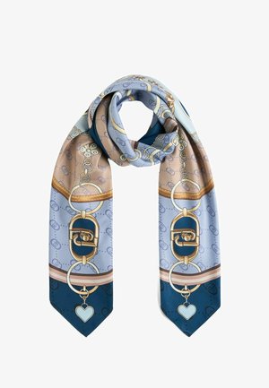 Foulard di seta con un motivo a catena nei colori pastello di blu, beige e navy, con dettagli in oro e un charm a forma di cuore.