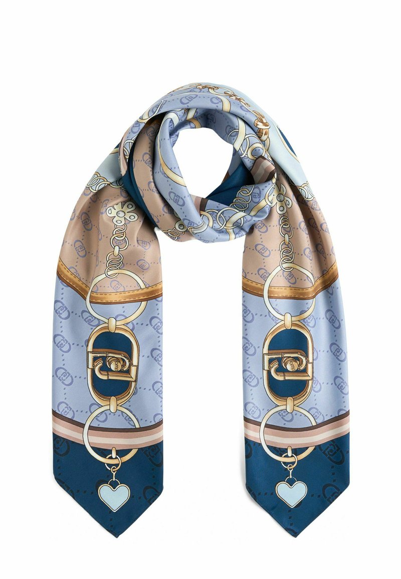 Foulard di seta con un motivo a catena nei colori pastello di blu, beige e navy, con dettagli in oro e un charm a forma di cuore.