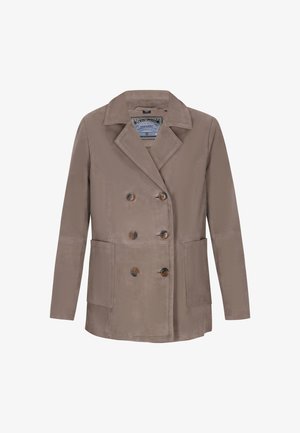 Beeži kahekordse nööpimisega jakk, millel on lõhikuga krae, kaks eesmist taskut ja pruunid nööbid. Sile tekstuur ja sobiv disain.