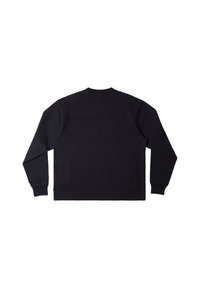 Sudadera negra de manga larga con escote redondo, que presenta una textura suave y puños acanalados. La vista trasera muestra un diseño limpio y minimalista.