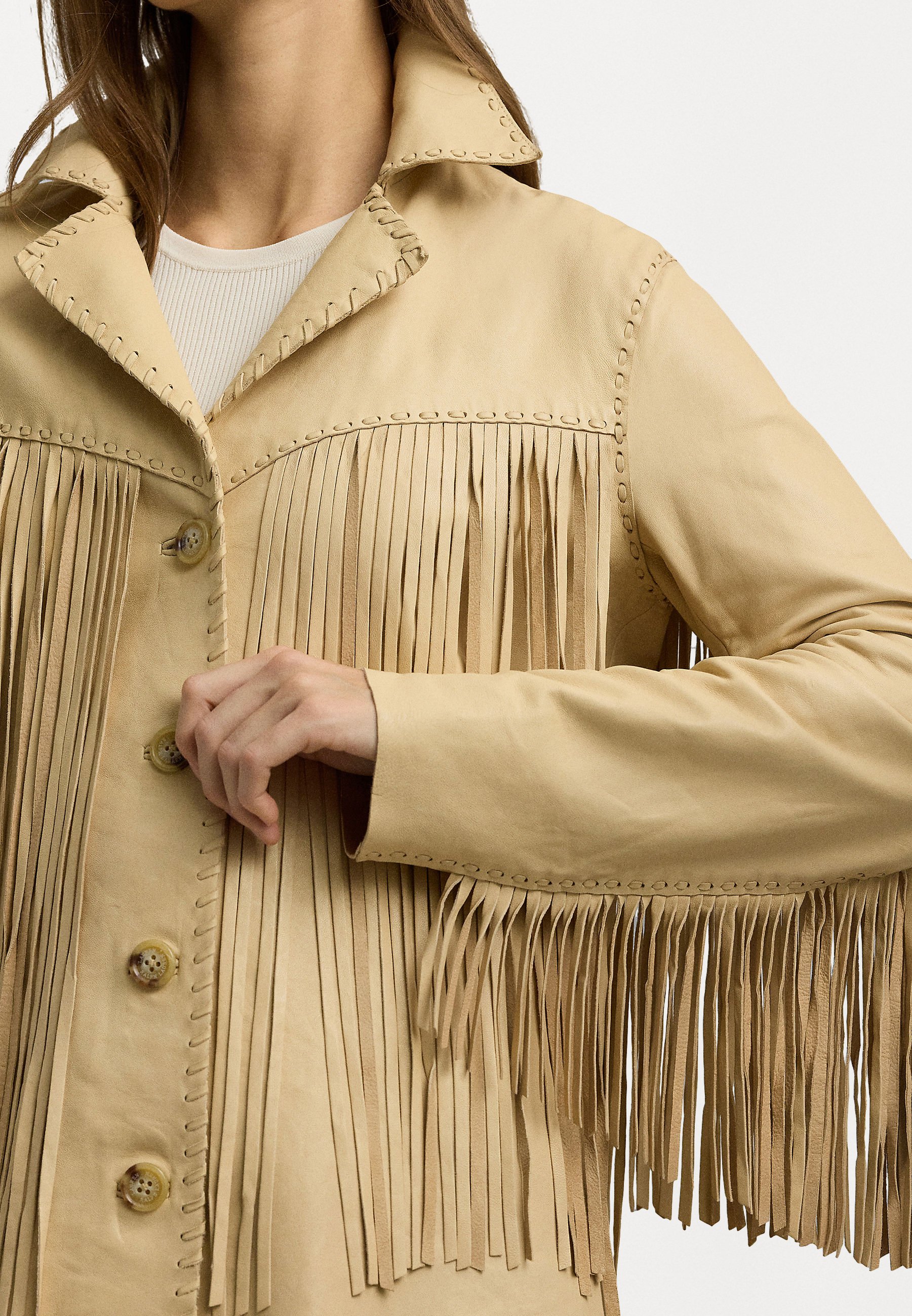 Lauren Ralph Lauren FRINGE TRIM LAMBSKIN SHIRT JACKET Lauren Ralph Lauren FRINGE TRIM LAMBSKIN SHIRT JACKET