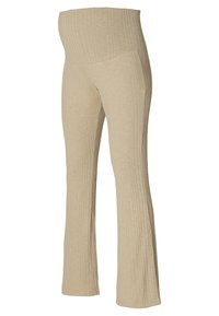 Beige ribbade gravidleggings med en bred, mjuk midje och utsvängd botten, tillverkade av elastiskt tyg för komfort.