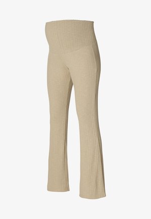 Beige ribbed maternity leggings with a wide, soft waistband and flared bottom, made from stretchable fabric for comfort.
