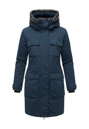 Parka de color azul marino con capucha, dos bolsillos en el pecho, dos bolsillos frontales y puños acanalados, fabricada con tela aislante para proporcionar calidez.