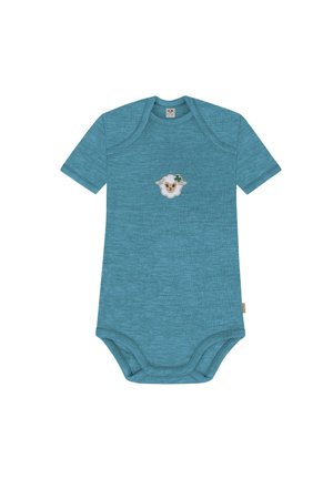 Blue short-sleeve baby bodysuit made of soft fabric, featuring a sheep design with a clover accent on the chest. Snaps at the bottom for easy dressing.
