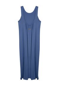 Niebieska sukienka bez rękawów o luźnym kroju z marszczeniem w okolicy biustu, z małą etykietą znajdującą się blisko dekoltu.