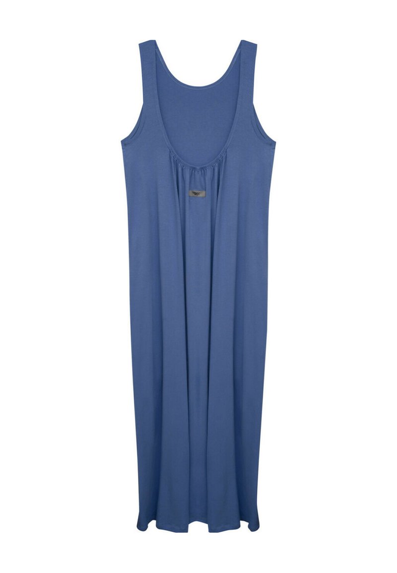 Niebieska sukienka bez rękawów o luźnym kroju z marszczeniem w okolicy biustu, z małą etykietą znajdującą się blisko dekoltu.