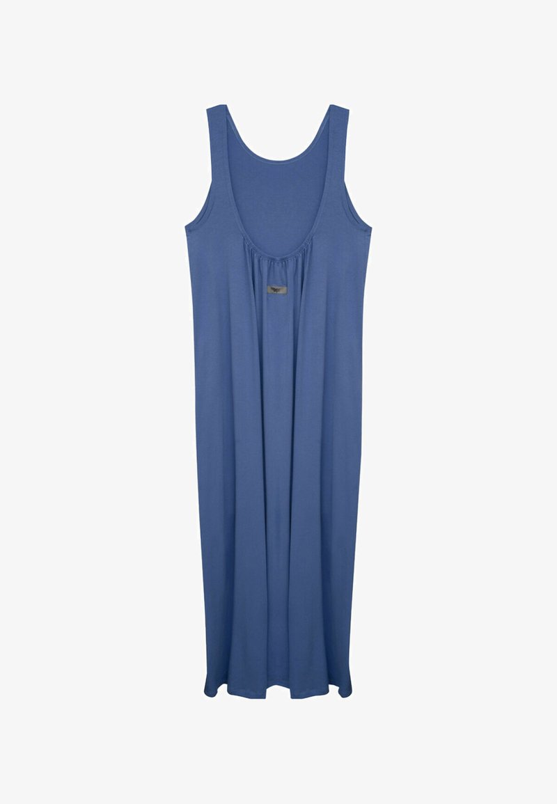Niebieska sukienka bez rękawów o luźnym kroju z marszczeniem w okolicy biustu, z małą etykietą znajdującą się blisko dekoltu.