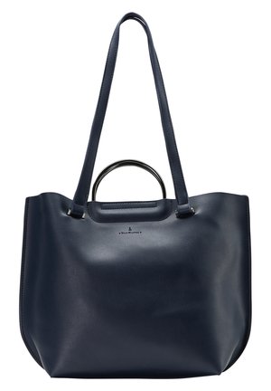 Duża granatowa skórzana torba typu tote z dwiema długimi ramiączkami na ramię i małym metalowym uchwytem na górze, na środku.