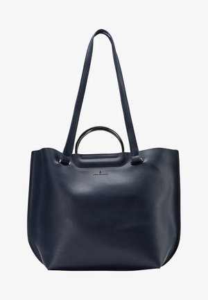 Grand sac cabas en cuir bleu marine avec deux longues bandoulières et une petite poignée en métal au centre supérieur.