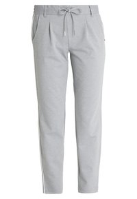 Hellgraue Jogginghose aus weichem Stoff, mit einem Kordelzugbund, seitlichen Taschen und einem schmal zulaufenden Beindesign.