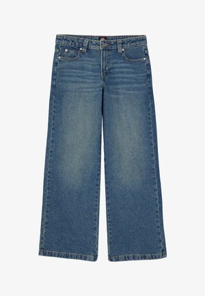 Jeans de pierna ancha en azul claro, hechos de denim, que cuentan con un diseño de cinco bolsillos y costuras visibles a lo largo de los dobladillos. Sin embellishments.