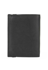 Cartera de cuero negro con una textura suave, diseño plegable, costuras detalladas y apariencia minimalista.