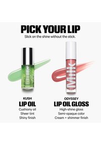 Zwei Lippenprodukte von Milk Makeup: grünes Kush Lip Oil mit transparenter Tönung und glänzendem Finish sowie pinkfarbenes Odyssey Lip Oil Gloss mit halbdeckendem, schimmerndem Creme-Finish.