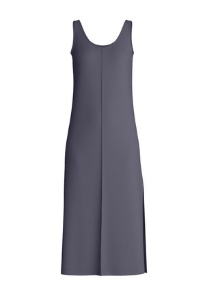 Sleeveless, long gray dress with scoop neckline and side slit, displayed on a plain white background.