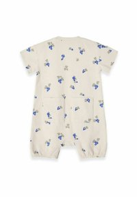 Kortærmet beige jumpsuit lavet af ribbet stof med et vinedrueprint i blå og grøn, med to baglommer og elastiske manchetter.