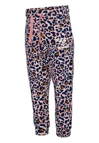 Leopardmönstrade joggers i pink, marinblått och brunt, med elastisk midja och dragsko samt ribbade muddar. Logotyp på framsidan.