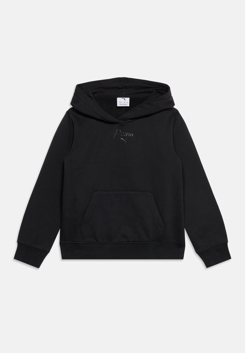 Sweat à capuche noir à manches longues avec poche kangourou à l’avant et logo Puma en relief sur la poitrine, présenté sur un fond clair uni.