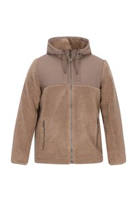 Braune Fleecejacke mit einem einfarbigen braunen oberen Abschnitt und Kapuze. Verfügt über Reißverschlusstaschen, einen Frontreißverschluss und strukturierten Stoff.