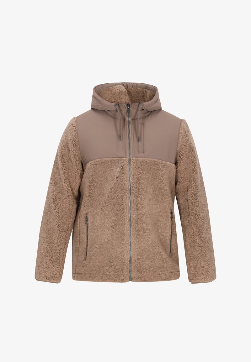 Braune Fleecejacke mit einem einfarbigen braunen oberen Abschnitt und Kapuze. Verfügt über Reißverschlusstaschen, einen Frontreißverschluss und strukturierten Stoff.