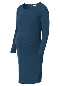 Abito premaman a maglia di colore blu scuro, con maniche lunghe, texture a coste, scollatura rotonda e dettagli con zip laterale. Forma aderente, lunghezza al ginocchio.