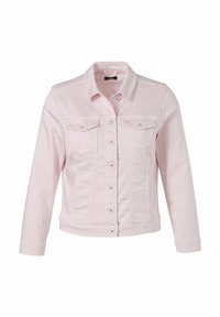 Lichtroze spijkerjacket met een knoopsluiting aan de voorkant, twee borstzakken en lange mouwen. Heeft klassieke stiksels en een getailleerd silhouet.