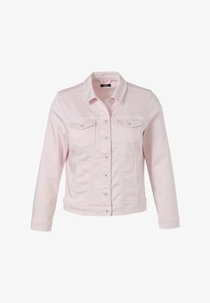 Veste en denim rose clair avec un devant à boutons, deux poches poitrine et des manches longues. Présente des coutures classiques et une silhouette ajustée.