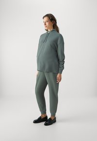 Green sweatshirt and matching joggers, made of soft fabric, with a relaxed fit, long sleeves, and ribbed cuffs. Black loafers complete the outfit.