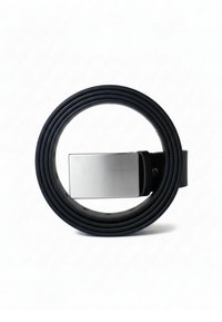 Black leather belt with a polished silver rectangular buckle, featuring evenly spaced holes and a smooth texture. Circular shape displayed.