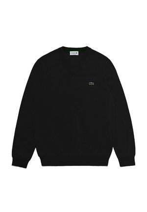 Suéter negro de cuello en V fabricado en tejido de punto. Presenta mangas largas y un logo de Lacoste bordado en verde en el pecho.