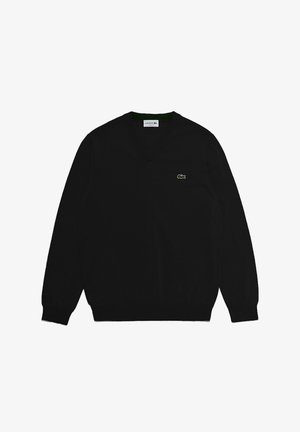 Czarny sweter z dekoltem w serek, wykonany z dzianiny. Posiada długie rękawy oraz haftowane zielone logo Lacoste na piersi.