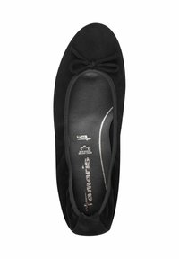 Melnas zamšādas baleta kurpes ar noapaļotu purngalu, priekšpusē ar mazu loku un gludu iekšējo oderi.