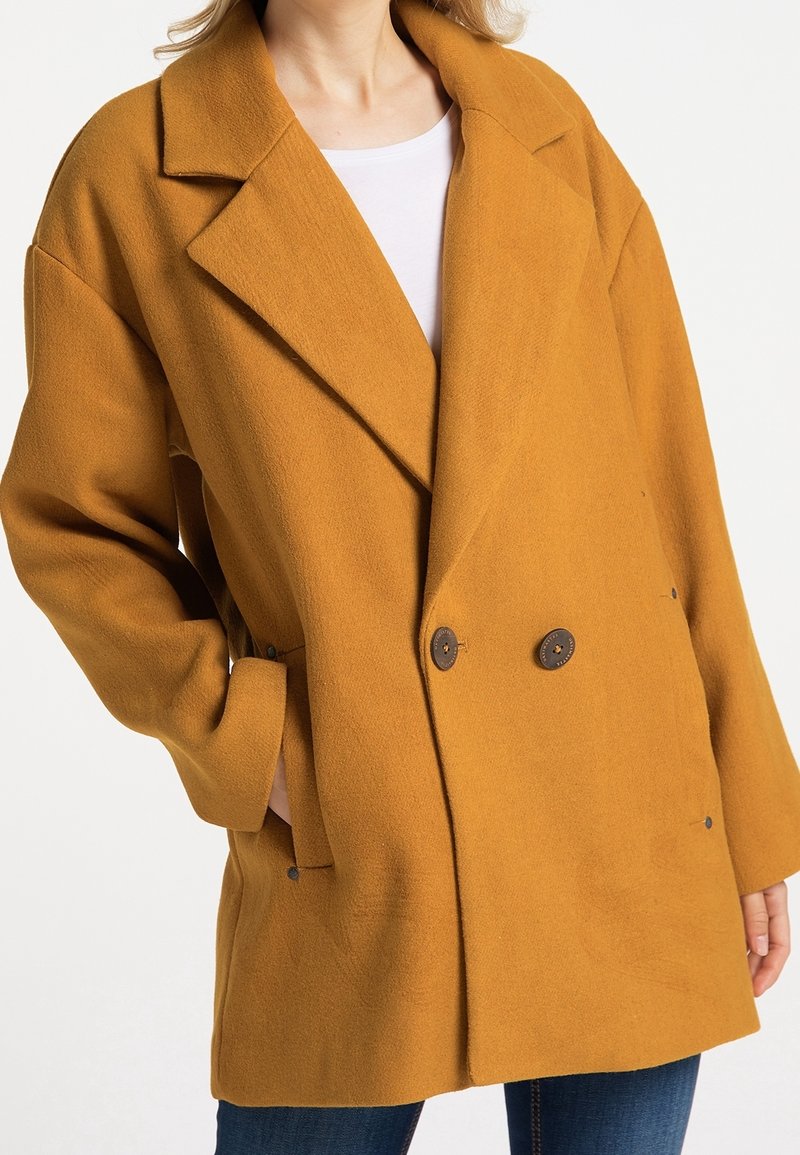 Manteau croisé jaune moutarde présentant un large col, des poches latérales et un tissu texturé. Des boutons marron ajoutent du détail.