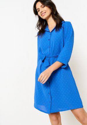 Blue button-up dress with a tie belt, three-quarter sleeves, textured patterns, and a knee-length hem. Lightweight fabric, smooth finish.