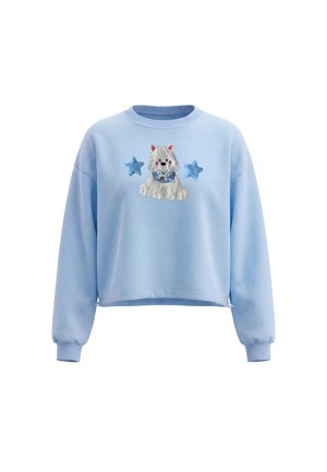 Lyseblå langærmet sweatshirt med ribkanter, med en fluffy hvid hund og to blå stjerner broderet på brystet.