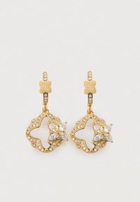 Kuldtoonist kõrvarõngad, millel on lõigatud lillemuster, ääristatud selgete ripsmetega ja keskel tähe aktsent.