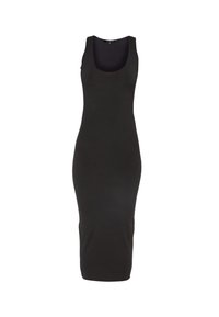 Schwarzes Tankkleid aus dehnbarem Stoff, mit einem runden Ausschnitt, figurbetonter Silhouette und knielangem Schnitt.